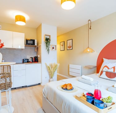 a bed room with a bed and a table