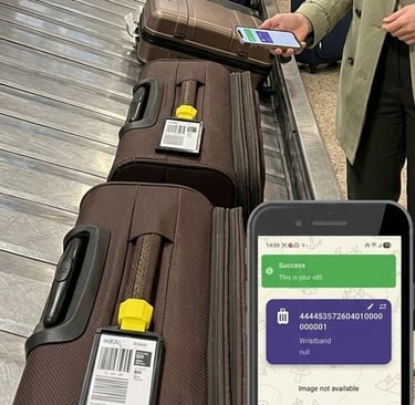 A lady at the baggage carousel checking her bag by scanning the eBt on the bag.