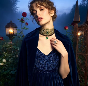 Dark fairytale look: brocade dress, antique filigree choker with black pearls and emerald, lantern mist