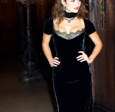 Gothic Halloween look with black velvet dress, onyx pearl choker, silver moon pendant, candlelight