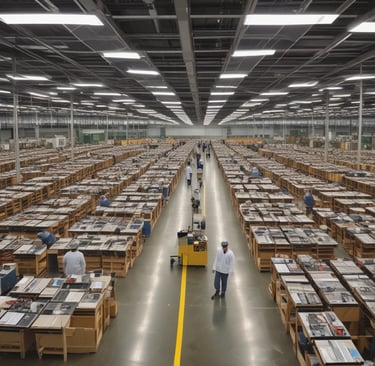 A large, organized warehouse filled with shelves stacked with boxes and electronic parts. Several workers, some wearing lab coats, are engaged in tasks like assembling items. The floor is lined with rows of fans or similar objects.