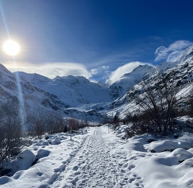 View looking up at the Morteratsch Glacier in Switzerland during the winter