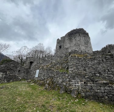 Looking up at Burgruine Unspunnen in Wilderswil, Switzerland