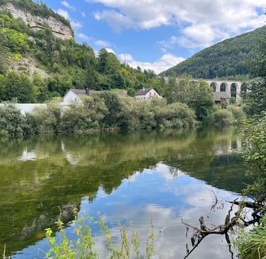 The train station and rock lab above the Doubs