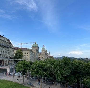 View from the Kleine Schanze looking down on Europaplatz and the Bundeshaus in Bern Switzerland