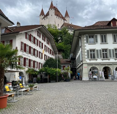 View of Thun Castle from Rathausplatz in Thun Switzerland