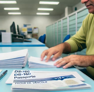 Pessoa organizando documentos necessários para entrevista de visto americano, incluindo DS-160 e pas