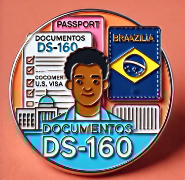 Imagem do formulário DS-160 ao lado de passaporte brasileiro, representando o processo de visto amer