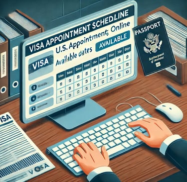 Pessoa usando um computador para agendar uma entrevista de visto americano online, com a tela mostrando o sistema de agendame