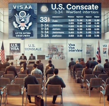 Área de espera movimentada no consulado dos EUA com solicitantes aguardando suas entrevistas de visto, incluindo cadeiras, pô