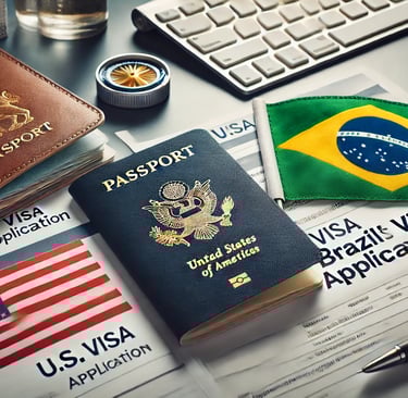 Bandeira dos Estados Unidos ao lado de um passaporte brasileiro e formulários de visto, representando as atualizações recente