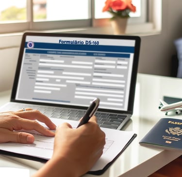 Uma pessoa esta preenchendo o formulario ds160 no laptop