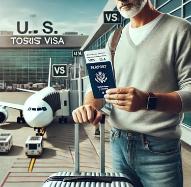 Viajante verifica passagem no aeroporto, pronto para embarcar para os EUA com visto de turista.