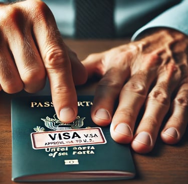Mãos segurando passaporte aberto com visto de turista americano, simbolizando aprovação para entrada
