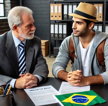 Consulta com advogado de imigração sobre opções de visto nos Estados Unidos, com documentos visíveis