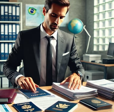 Profissional organizando documentos necessários para aplicação do visto americano, incluindo passapo