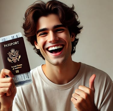 Pessoa feliz mostrando um passaporte com visto americano aprovado, simbolizando sucesso na obtenção 