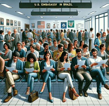 brasileiros na sala de atesa esperando uma entrevista ao ambaixa americana