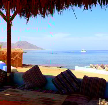 Palm tree roof top shadow for a relaxing lounge area on the beach Egypt