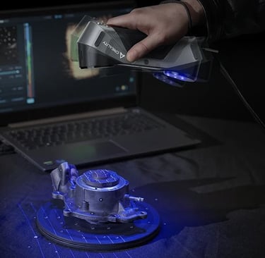creality raptor scanning a car part with blue 7 lasers