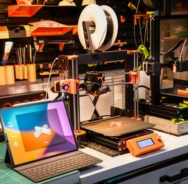 a laptop computer sitting on a desk with a bunch of 3d printers prusa