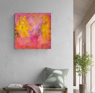 an image of a pink and yellow abstract painting with a boho bench