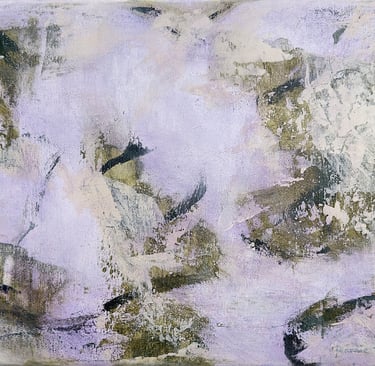 Green and violet painting with abstract shapes.
