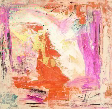 Warm orange hues with gold and pink artwork.