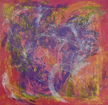 Red and violet abstract painting with yellow and white