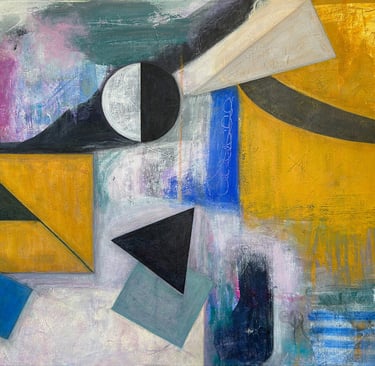 painting of geometric shapes in tan, black, white and blue.