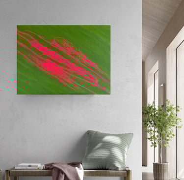 Neon pink stripes on moss green canvas on a boho wall