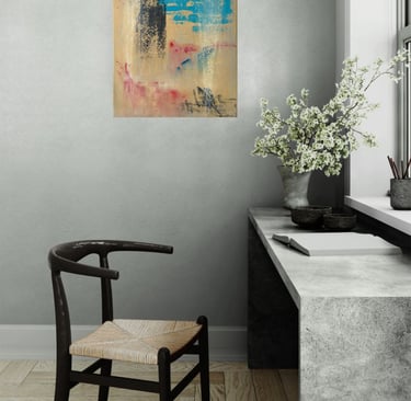 Ochre painting with black and azure marks in room with designer chair
