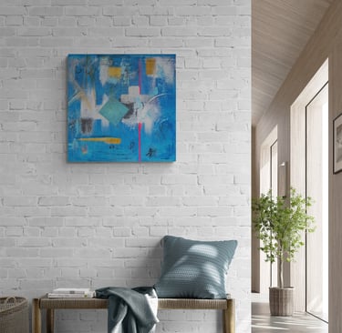 Blue artwork with teal and pink above boho bench