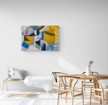 Painting with geometrical shapes in tan and black, blue on wall in white dining room