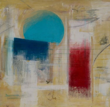 Abstract artwork with tan background and a cerulean sphere, red and blue rectangles.