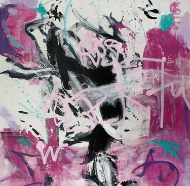 Black, redviolet and white wild brush strokes painting.