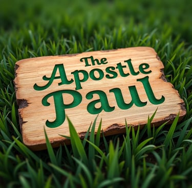 The Apostle Paul carved into a piece of wood on a grassy field.