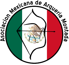 logo of asociacion arqueria montada Mexico. a bow and arrow in front of a mexican flag