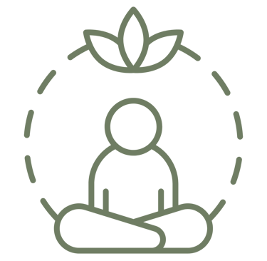 A green line art icon of a person meditating in a lotus pose with a leaf symbol for wellness.
