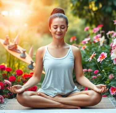 A peaceful woman practicing yoga meditation in a lush flower garden during a golden hour sunset.