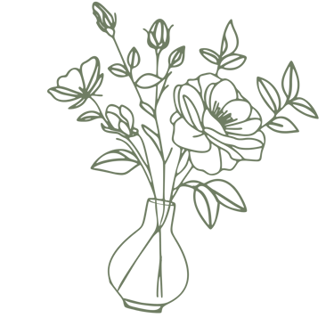 Minimalist sage green line art illustration of a floral bouquet in a glass vase on a black background.
