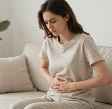 A young woman sitting on a sofa clutching her stomach in pain, experiencing abdominal cramps or indigestion symptoms.