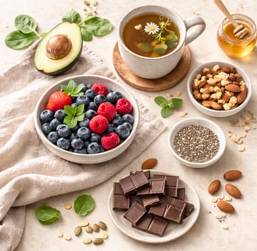 Healthy superfoods including a bowl of berries, dark chocolate, chamomile tea, nuts, and avocado for a balanced diet.
