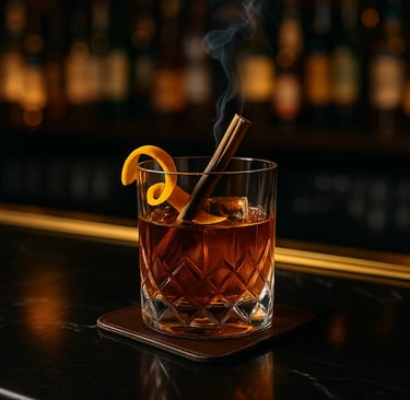 Smoked Vanilla Old Fashioned cocktail with orange peel and cinnamon stick, served in a crystal glass