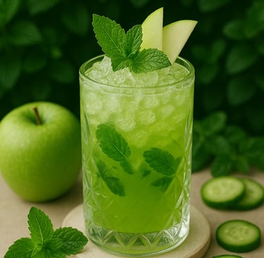 Green Zing Mojito mocktail served in an ornate crystal glass, garnished with fresh mint.