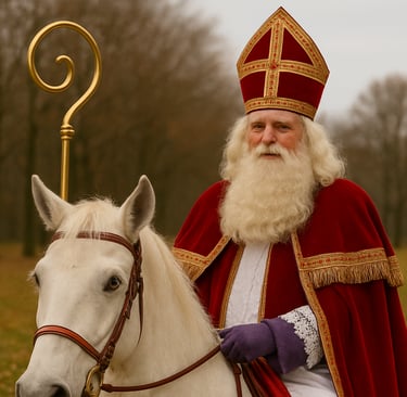 Where is Santa Claus from? Sinterklaas in a red robe and a white horse