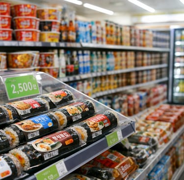 Korean convenience store culture kimbap and instant noodle section inside store