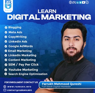 "Promotional image for a Digital Marketing Course by Farrukh Mehmood Qureshi, featuring a list of to