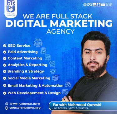 Promotional image for a Full Stack Digital Marketing Agency led by Farrukh Mehmood Qureshi. The imag
