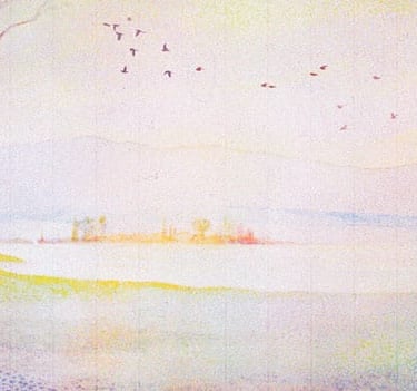 Long lake mural with trees and birds in flight, painted in warm pinks and greens for a peaceful waiting room.